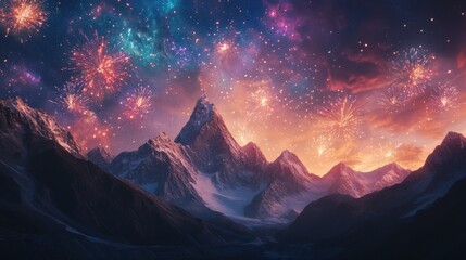 Serene mountain range illuminated by vibrant fireworks in a starlit sky at dusk