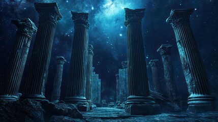 Naklejka premium Night sky, ancient ruins, columns, path, cosmic background, fantasy.