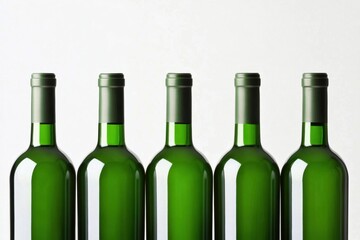 Five green wine bottles lined up against a neutral background, showcasing their elegant silhouette and color.