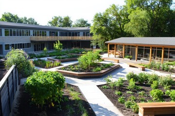 Innovative classroom design promoting community engagement in a public center garden nature-focused environment educational concept