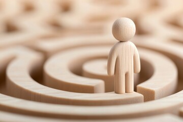 A wooden figure stands in the center of a wooden maze, symbolizing challenges and the pursuit of solutions.