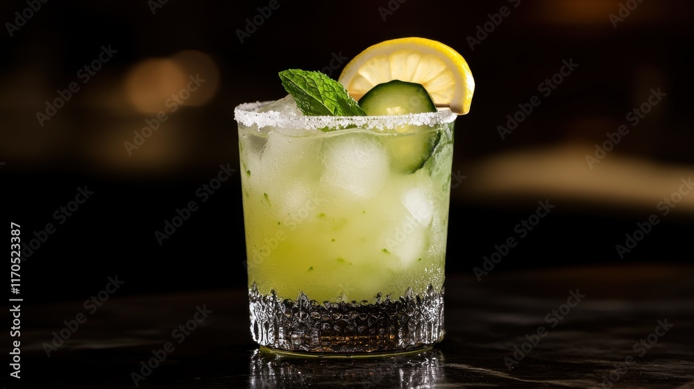 Poster refreshing cucumber and mint cooler served in a stylish glass with lemon slice and mint garnish
