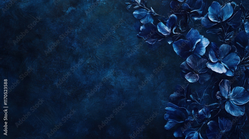 Poster rich cobalt blue textured background with floral elements for creative design or art projects