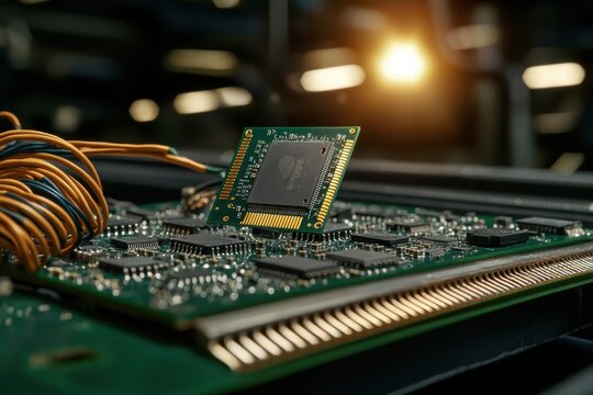Environmental Engineering Waste Management Ecosystem Concept. A close-up view of a microchip on a circuit board, showcasing intricate details and wiring.