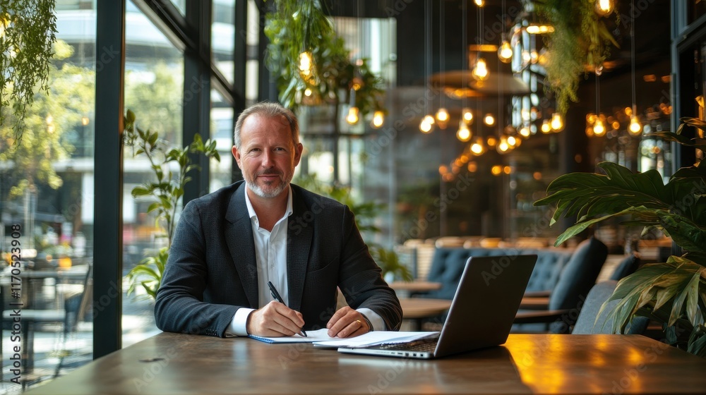 Poster professional man engaged in work at a modern office space with lush greenery and unique lighting dur