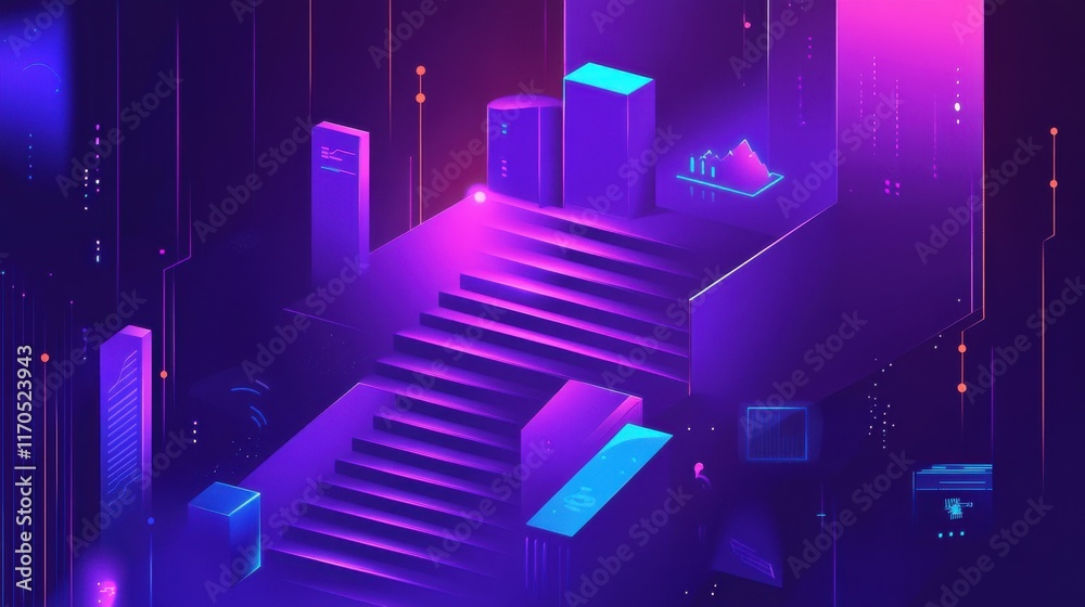 Aufkleber modern staircase design with vibrant colors and digital elements in a contemporary setting