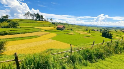 Fototapeta premium Serene Landscape Golden Rice Terraces Rural House and Lush Green Hills Under a Sunny Sky