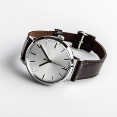 Elegant polished silver watch with a brown leather strap displayed on a white background in casual setting