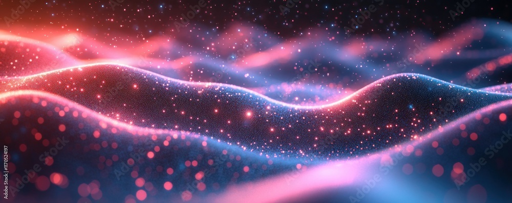 Aufkleber Futuristic Digital Abstract Background with Flowing Waves Particle Effects in Cyberpunk Style for Technology and Data Visualization