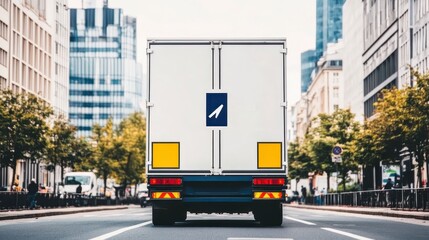 Naklejka premium Delivery Truck on City Street Cargo Transportation Urban Logistics Blank Back