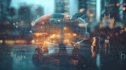 Piggy bank silhouette with financial graphs and urban lights at nighttime