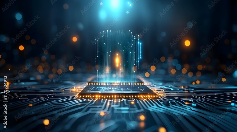 Poster Futuristic quantum computing lab simulating projectile motion with glowing holographic parabolic trajectories leaving copy space at the bottom for text overlay or branding