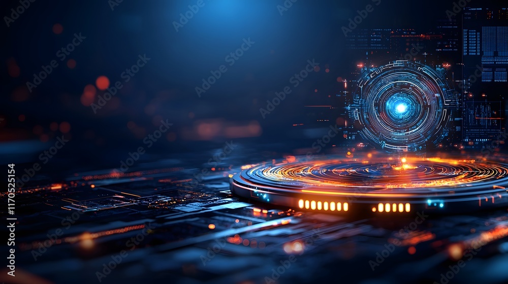 Poster Futuristic Quantum Computing Lab Simulating Projectile Motion with Glowing Holographic Parabolic Trajectories and Copy Space  Advanced technology data visualization and scientific research concept
