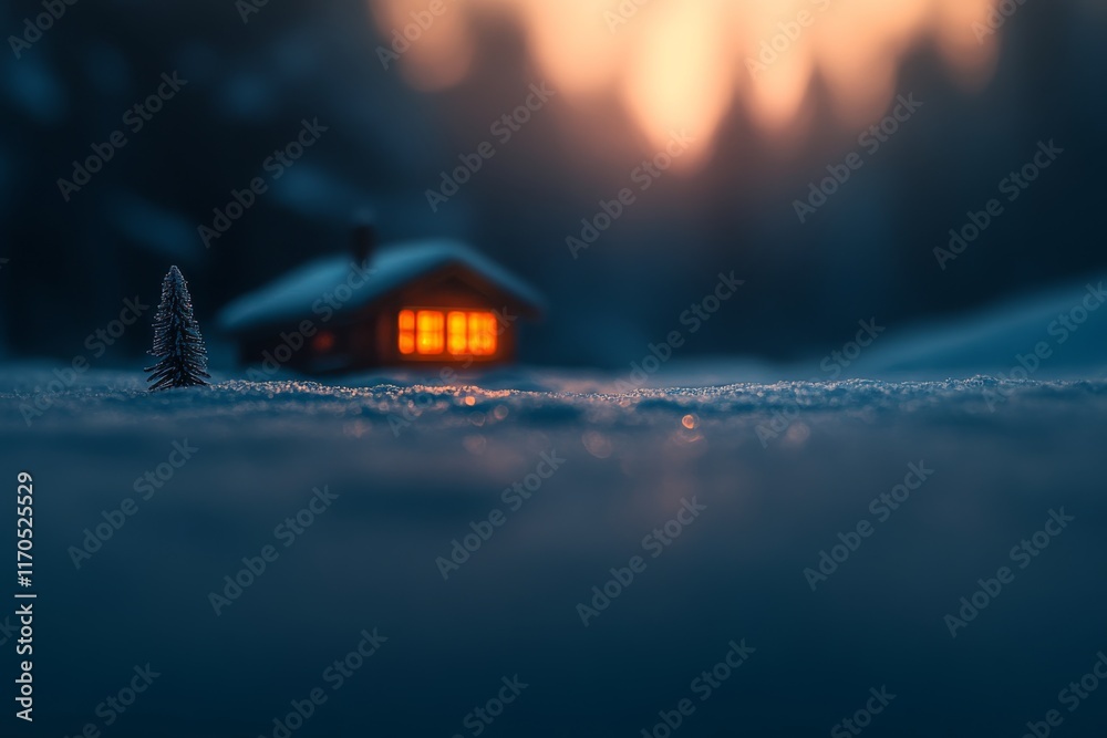 Aufkleber A charming miniature house with warm, softly glowing windows is nestled among tiny pine trees on a pristine snowy surface during twilight