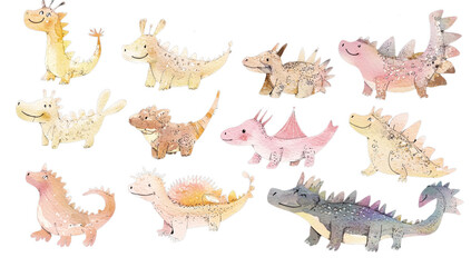 Fototapeta premium Adorable watercolor dinosaurs in various poses and colors, showcasing playful and whimsical style. These cute prehistoric creatures are perfect for children illustrations and creative projects