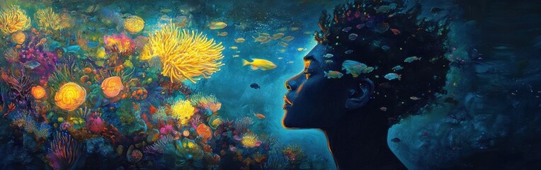 Naklejka premium Mystical underwater profile of a man surrounded by vibrant marine life and corals in an enchanting ocean setting