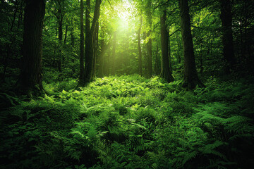 Obraz premium Sunbeams illuminate lush green ferns in a tranquil forest.