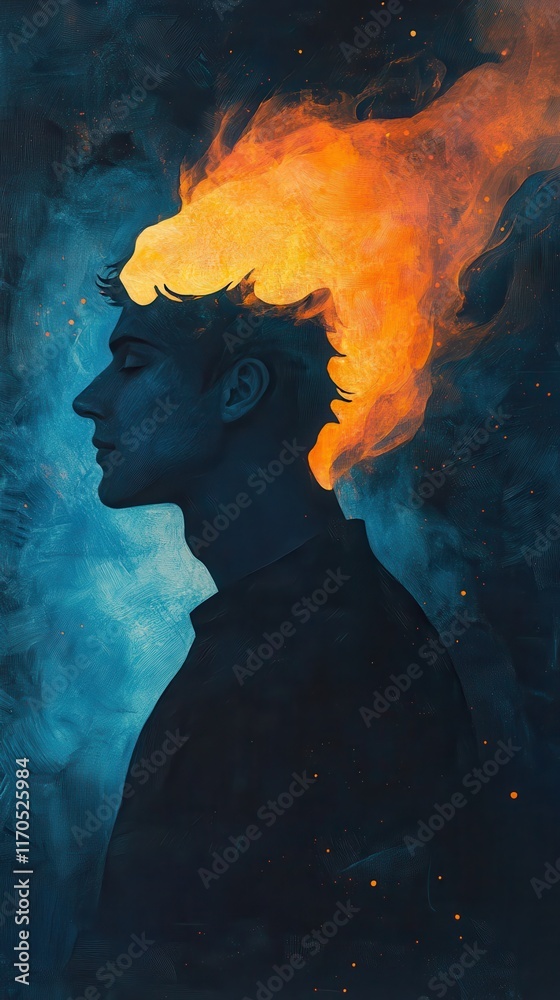 Poster mystical profile of a man illuminated by vibrant flames conveying emotion and creativity in an abstr