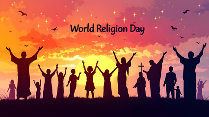 World religion day illustration with group of people holding hands, silhouette, religious symbols, text, hindu, muslim, Christian.
