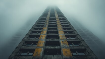 Towering Concrete Skyscraper in Misty Atmosphere Brutalist Architecture