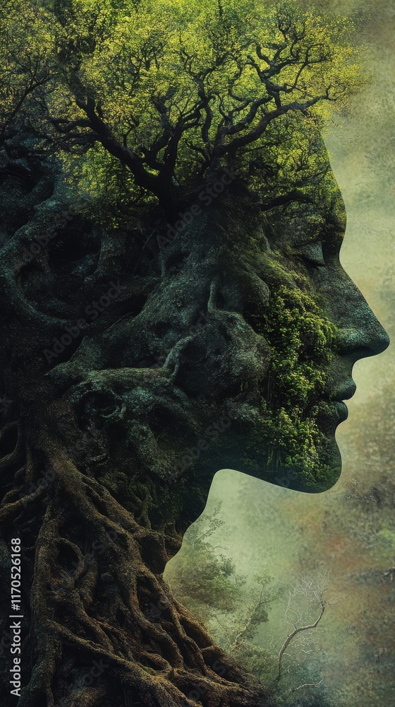 Poster Mystical profile of a man intertwined with nature showcasing elements of trees and roots