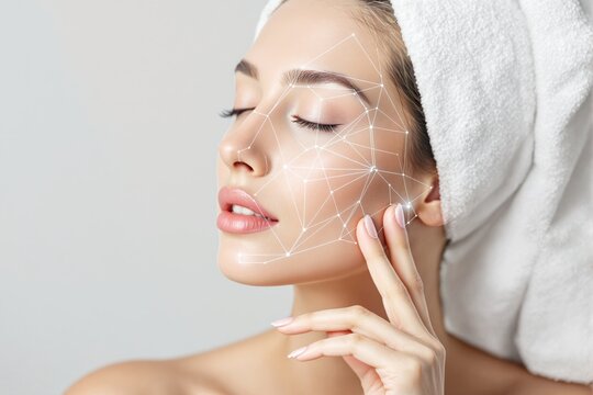 Woman with facial mapping lines touching her face, wearing a towel headwrap, on a soft neutral background. Concept of skincare and technology. Ai generative
