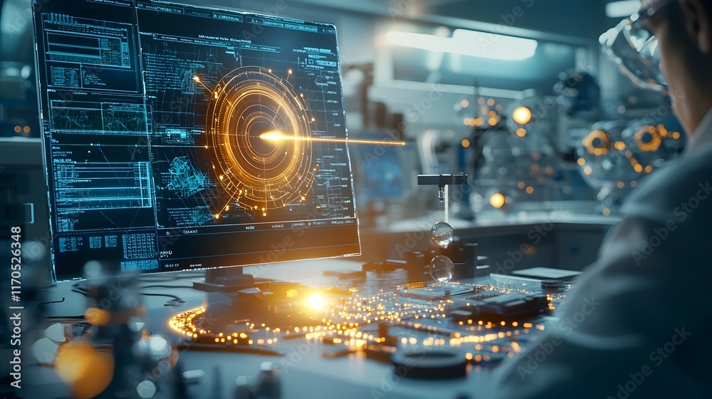 Poster Quantum Powered Simulations of Projectile Motion with Glowing Arcs and Precise Calculations Displayed in a Futuristic Lab Setting Leaving Copy Space at the Top Left