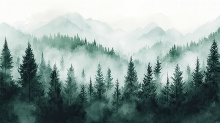 Fototapeta premium Moody watercolor gradient showcases a misty forest landscape enveloped by mountains at dawn