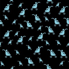 Baby stroller icon isolated seamless pattern on black background