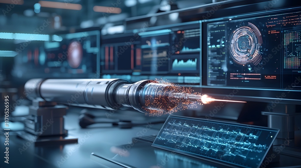 Poster Quantum Computing Setup Predicting Projectile Paths in Dynamic Simulation with Sleek Monitors and Holographic Data Visualization  Futuristic Technology for Scientific Research and Analysis