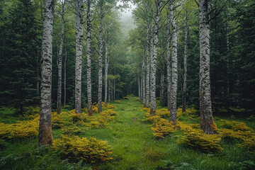 Fototapeta premium Misty path through birch trees and ferns.