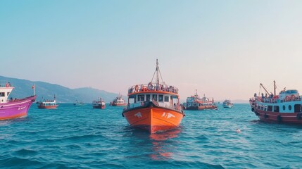Obraz premium Scenic Coastal View Orange Passenger Boat and Other Vessels at Sea