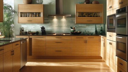 Stylish kitchen featuring bamboo cabinets and modern appliances for a contemporary cooking experience