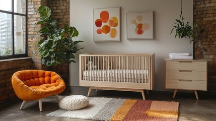 Scandinavian-Inspired Nursery with Natural Wood Cribs, Pastel Wall Art, and Soft Textured Rugs