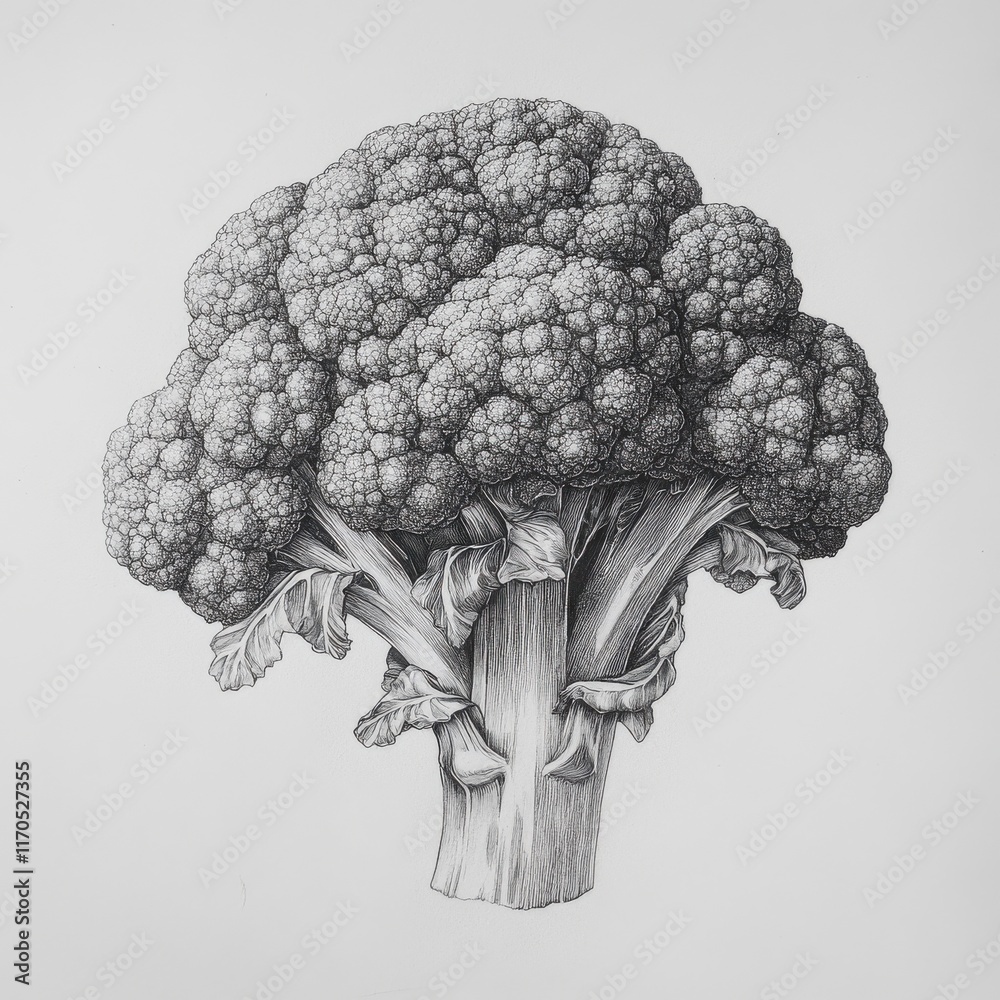 Poster Detailed representation of broccoli highlighting its unique florets and structure in a monochrome artwork