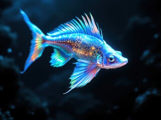 Naklejka premium Vibrant Neon Fish Swimming in Dark Waters