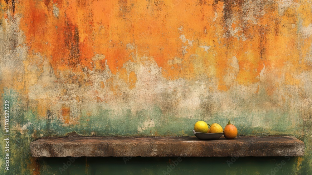 Poster Grunge-inspired concrete wall with rusty tones and a rustic shelf displaying vibrant fruits