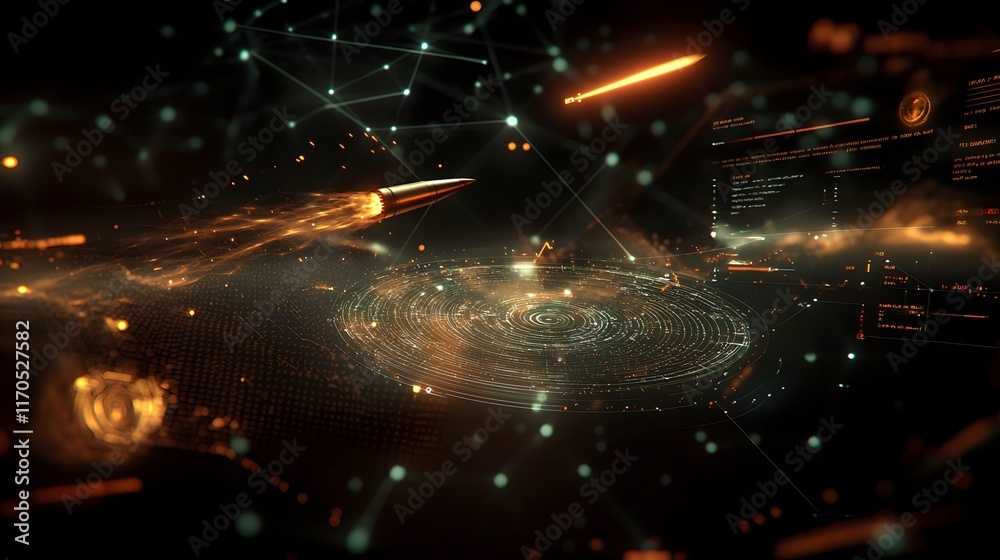 Poster Quantum Systems Calculating Complex Projectile Motion Patterns with Real Time Holographic Parabolas and Velocity Vectors Leaving Copy Space on the Top Right