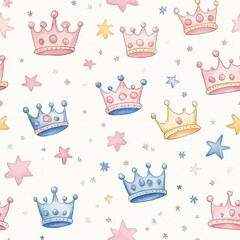 Watercolor doodle art featuring colorful crowns and stars against a light background