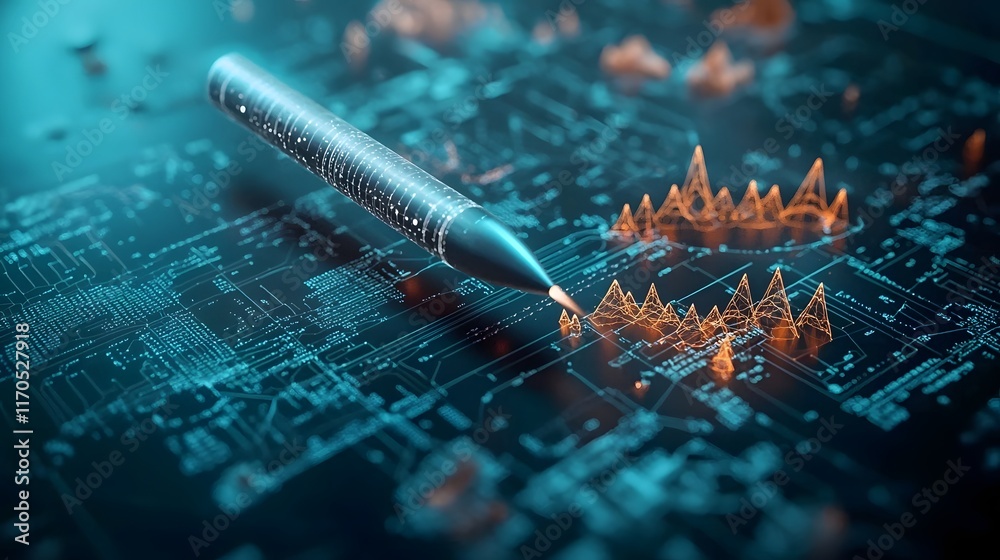 Poster quantum computing visualization of a projectile s precise flight path featuring detailed holograms o