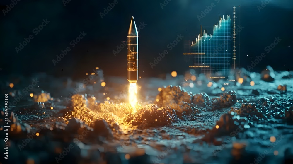 Poster quantum computing visualization of a projectile s flight path featuring detailed holograms of launch