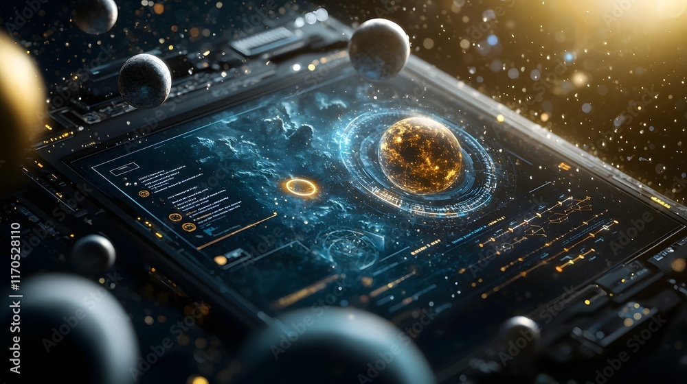 Poster Futuristic quantum computing setup simulating projectile motion on different planetary surfaces with interactive holographic trajectories displayed in a high tech digital environment