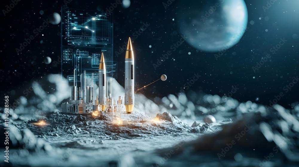 Poster A futuristic quantum computing setup simulating projectile motion on different planetary surfaces
