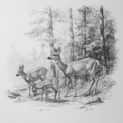 Family of deer grazes peacefully in a forest clearing during a serene afternoon in nature