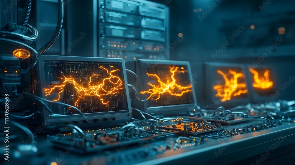 Poster Futuristic laboratory setting with quantum computers visualizing the flow of electrical current as glowing dynamic energy streams leaving copy space at the bottom for text overlay