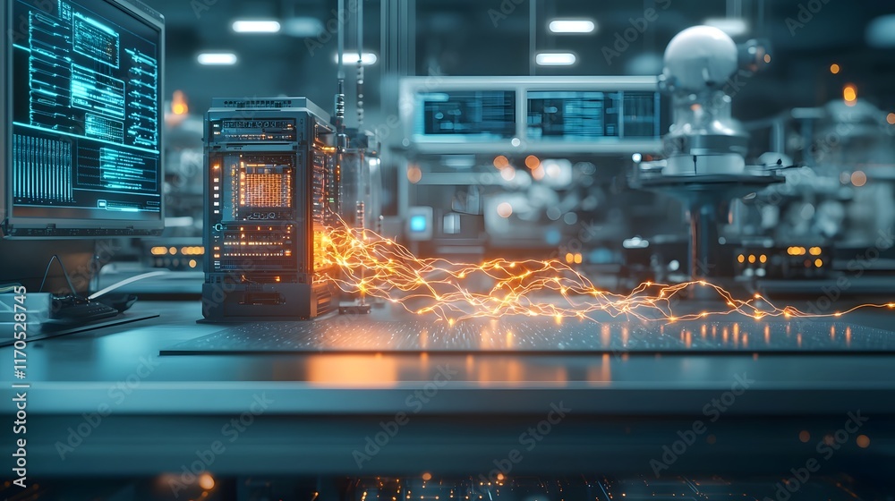 Poster futuristic laboratory setting with state of the art quantum computers visualizing the flow of electr