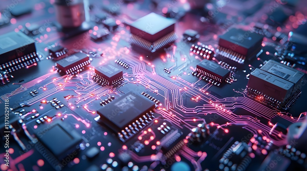 Poster Quantum Computing Holographic Modeling of Electric Circuits Featuring Visualizations of Current and Voltage Points with Copyspace at Top for Design or Analytics