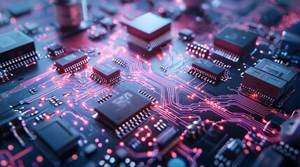 Obraz premium Quantum Computing Holographic Modeling of Electric Circuits Featuring Visualizations of Current and Voltage Points with Copyspace at Top for Design or Analytics