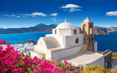 Panagia Thalassitra church view in the Plaka castle, Milos island, Greece