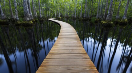 Majestic Everglades scene with a boardwalk stretching into a swampy forest, detailed textures of moss-covered trees and clear reflections in still water